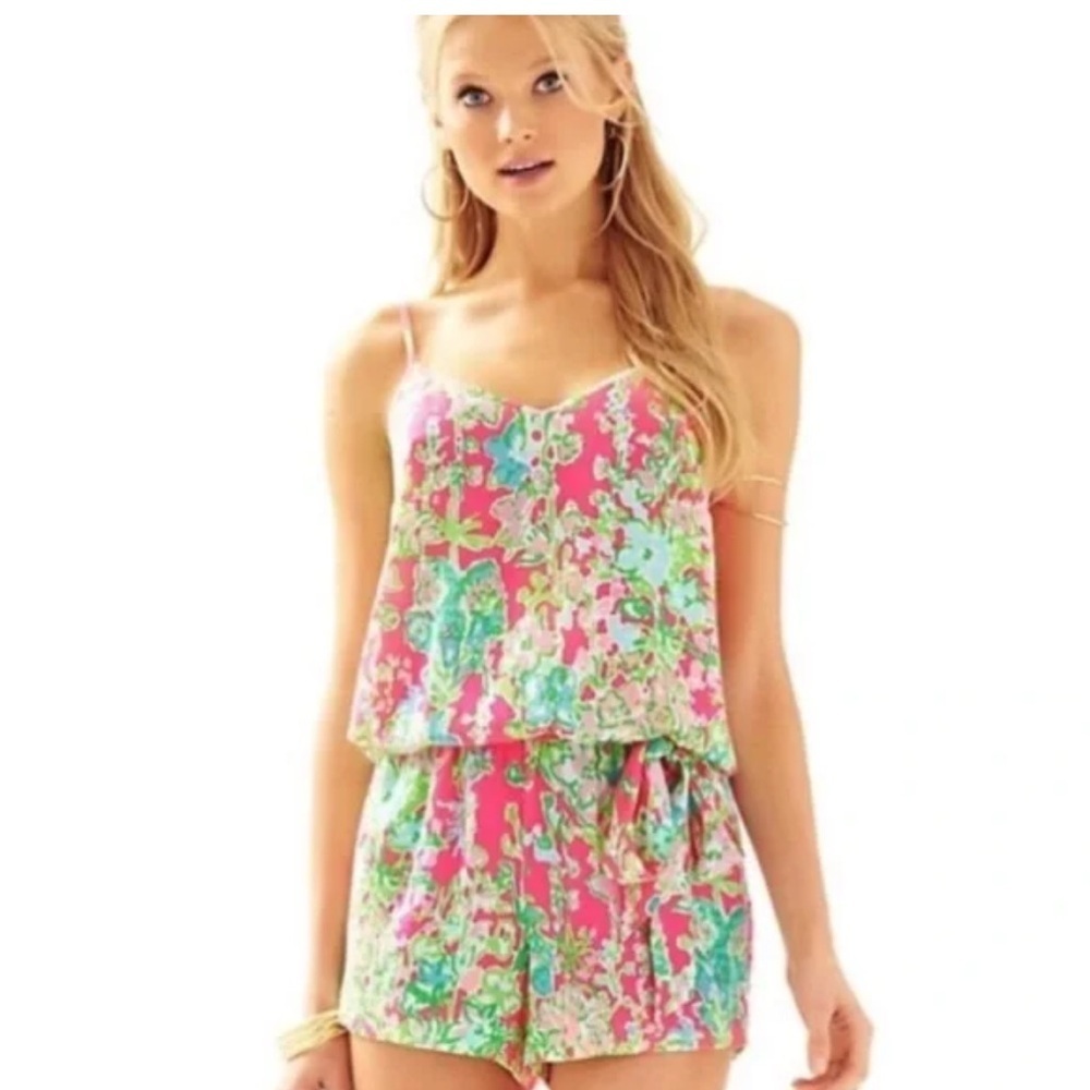 Lilly Pulitzer women’s Vibrant Deanna Pink and Green Romper size medium